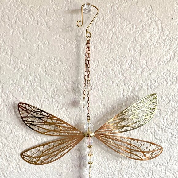 Gorgeous Dragonfly Suncatcher Window Hanging Gold Wings AB Clear Crystal Body - Picture 3 of 5